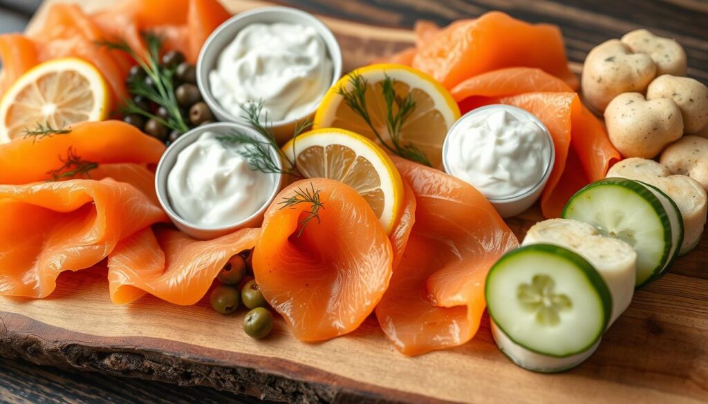 Smoked salmon appetizers on a platter