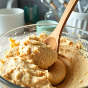 Ingredients for almond cookies, including almonds, almond flour, butter, sugar, eggs, and almond extract, arranged on a wooden kitchen counter.