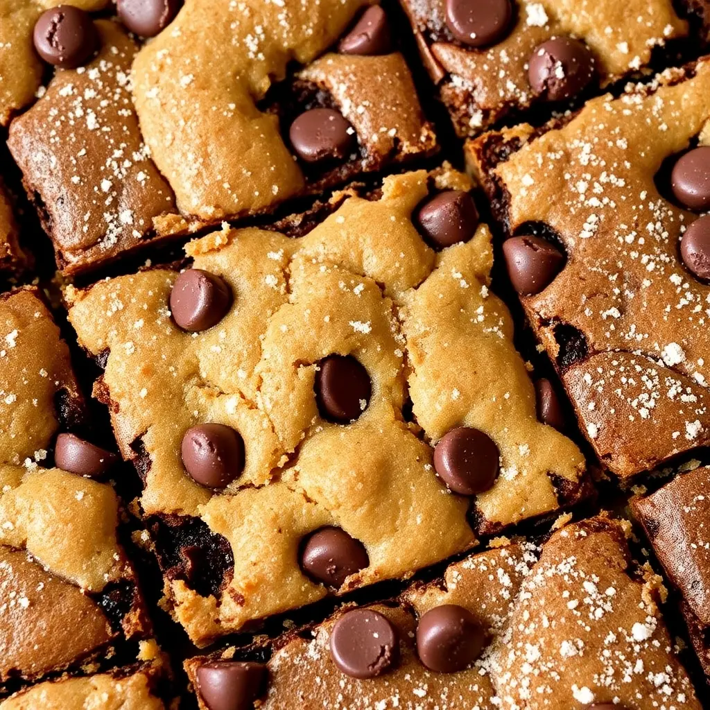 Close-up of freshly baked brookies showcasing the fudgy brownie layer and golden cookie top