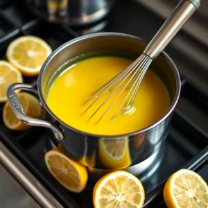 Baker rolling out pie dough for Lemon Meringue Pie with lemons and eggs on a wooden countertop