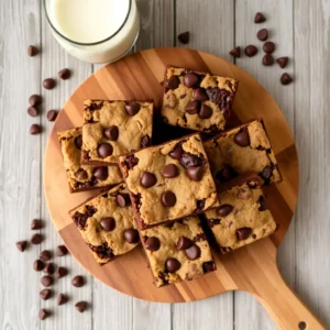 Overhead view of brookie squares with brownie and cookie layers on a rustic wooden cutting board