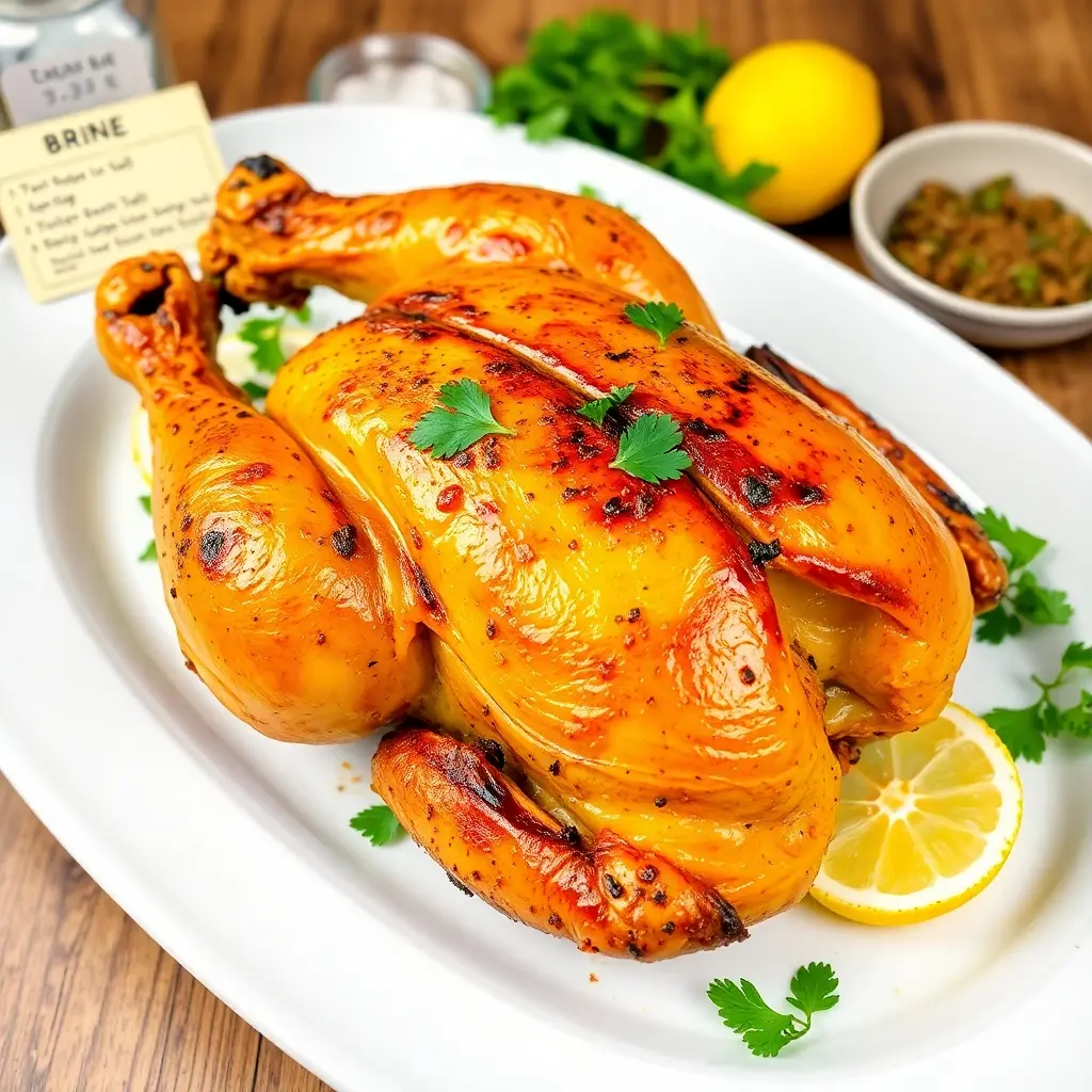 A perfectly roasted chicken with crispy skin, served on a white platter with brine ingredients in the background