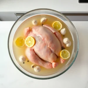 Raw chicken in brine with lemon slices, garlic, and peppercorns on a modern kitchen counter